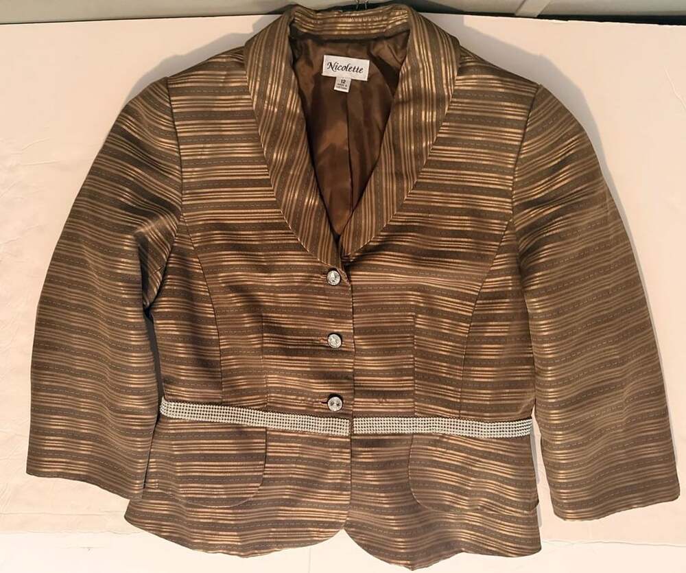 Nicolette Brown Striped Metallic Rhinestone Trim Blazer Jacket & Skirt Size 12